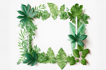 Frame of green leaves, white background, isolated. Generative AI