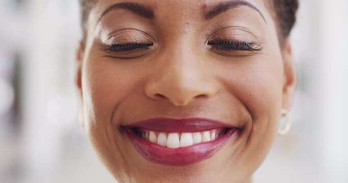 Black woman, face with smile and makeup with lipstick and professional portrait, teeth for dental or beauty closeup. Cosmetics, eyes and happy, lashes and microblading with cosmetic zoom and lips.