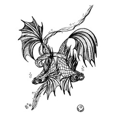 Two fish, line art. Black and white vector illustration for tattoo and coloring book. 