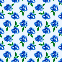 Painted watercolor blue background. Pattern of blue abstract roses. Fabric floral print. Summer. Spring. Winter. Tablecloth. Home textiles. Blue print. Flowers.