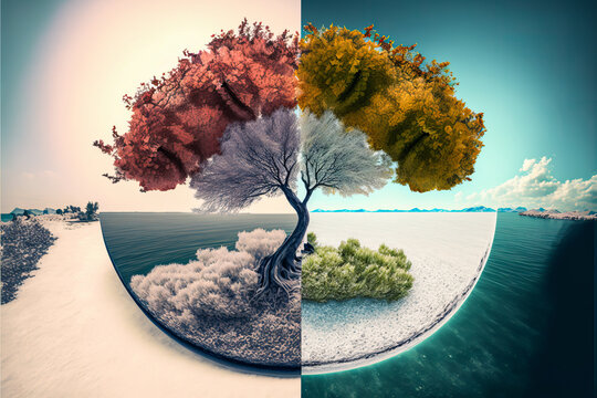 An isolated image representing the cycle of seasons and nature: fall, summer, winter and spring. A beautiful rebirth of nature, full of vibrant colors.