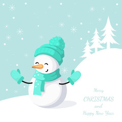 Cute cheerful snowman winter symbol. Christmas or New Year greeting card design element.