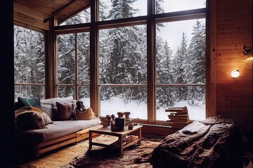 Cabin interior of a room over looking snowy forest
