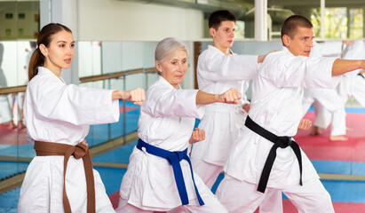 Obraz premium Concentrated people of different ages in kimonos practicing punches in gym during group martial arts workout. Shadow fight, combat sports training concept ..