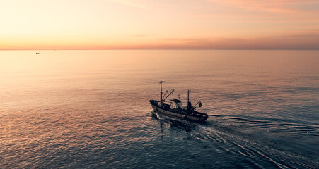 Fishing boat catching fish at sunset aerial view from drone. Small fishing trawler ship on sea surface. - obrazy, fototapety, plakaty