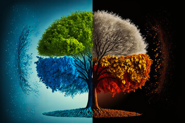 4 different seasons illustrating the cycle of the year by a change of state of a tree. Fall, summer, winter and spring for a striking image and effective marketing.