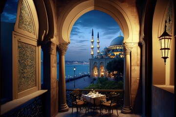 Turkish patio overlooking the Bosphorus and mosques. Balcony with columns and traditional Turkish decor, lanterns, oriental ornaments. AI