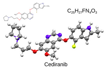 Chemical formula, skeletal formula and 3D ball-and-stick model of a chemotherapeutic drug cediranib