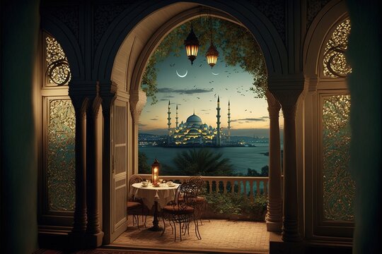 Turkish patio overlooking the Bosphorus and mosques. Balcony with columns and traditional Turkish decor, lanterns, oriental ornaments. AI