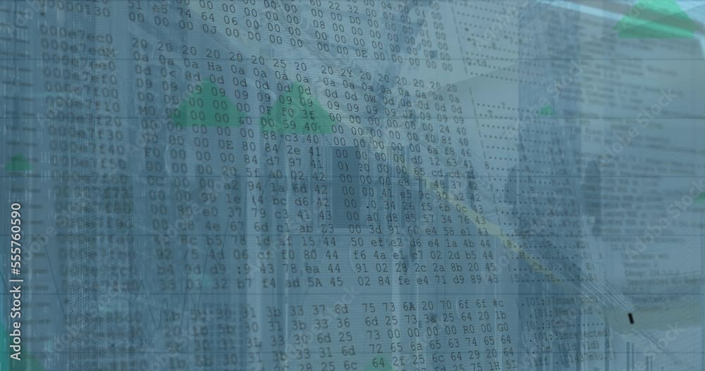 Poster animation of arrow moving upwards and data processing against computer server room