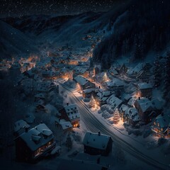 Drone view of snowy valley village town with street lamps
