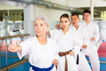 Modern determined aged woman practicing martial arts with group of adults in gym. Seniors active...