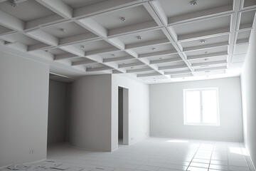 drywall construction and suspended ceiling in an unoccupied room in an apartment or home. White ceiling that extends in a complicated form. Generative AI - obrazy, fototapety, plakaty