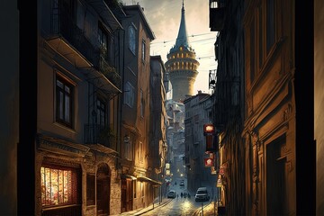 Fototapeta na wymiar A narrow street in Istanbul with shops and a coffee shop overlooking the Galata Tower. Turkish traditional old view of Istanbul. AI