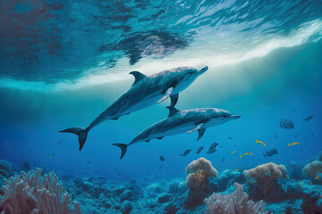 Dolphins swimming in the red sea's crystal clear, blue waters. Generative AI