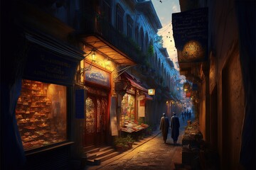 Obraz premium A narrow street in Istanbul with shops and a coffee shop overlooking the Galata Tower. Turkish traditional old view of Istanbul. AI