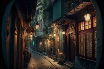 Fototapeta premium A narrow street in Istanbul with shops and a coffee shop overlooking the Galata Tower. Turkish traditional old view of Istanbul. AI