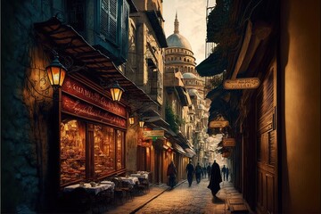 A narrow street in Istanbul with shops and a coffee shop overlooking the Galata Tower. Turkish traditional old view of Istanbul. AI - obrazy, fototapety, plakaty