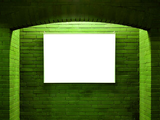 Empty space for advertising on green brick wall with spotlight.