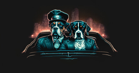 two dogs patrolling by car in the city
