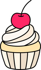 Cup cake with cherry and cream topping Dessert Icon Element illustration colored outline