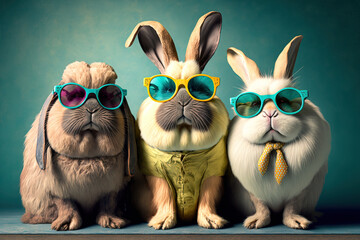 Easter bunny, back to school, cute animals with glasses, rabbit with sunglasses, hare with eyeglasses. Generative AI - obrazy, fototapety, plakaty