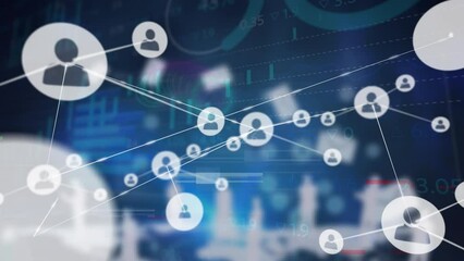 Animation of glitch effect over network of profile icons against statistical data processing - Powered by Adobe