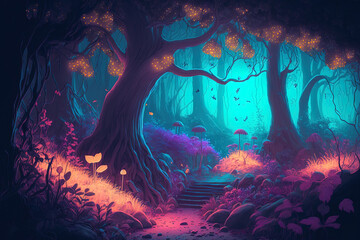 Fototapeta na wymiar Fantasy illustration of a brilliant, colorful, neon lit woodland that resembles a fairytale. Generative AI