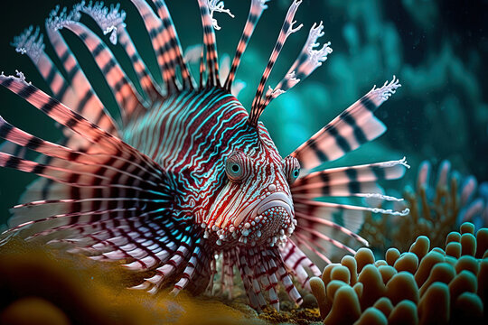 Dwarf lionfish on coral reefs, looking beautiful Dwarf lionfish up close. Generative AI