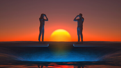 Fototapeta premium abyss figures of man and woman in virtual helmets at sunset