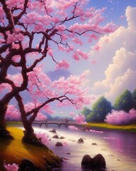 Obraz na płótnie Canvas Spring landscape of cherry blossoms, sakura, petals fall