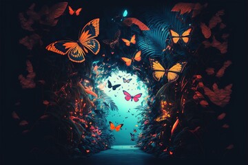 Fototapeta na wymiar Plant light neon tunnel with butterflies. Abstract neon background with flowers and butterflies. Abstract fantasy floral sci-fi neon portal. Flower plants with neon illumination. AI