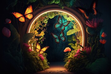 Plant light neon tunnel with butterflies. Abstract neon background with flowers and butterflies. Abstract fantasy floral sci-fi neon portal. Flower plants with neon illumination. AI