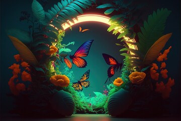 Obraz na płótnie Canvas Plant light neon tunnel with butterflies. Abstract neon background with flowers and butterflies. Abstract fantasy floral sci-fi neon portal. Flower plants with neon illumination. AI