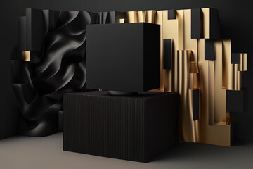 Concept for branding presentation with an abstract branding backdrop and a black podium. Generative AI