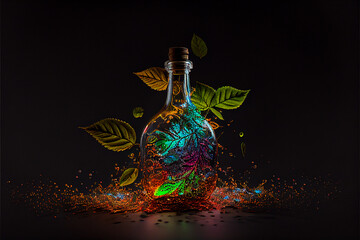 Magic herbal bottle, surealistic image. Herbal extract. (Generative AI)