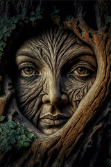Fototapeta na wymiar Face carved in the ancient and magical wood of a tree trunk. Evokes ancient mythology and the mystical forest. Ideal for illustrating eternity and the gods.