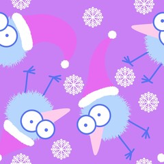 Cartoon Christmas funny animals seamless birds and Santa hat pattern for new year packaging and kids clothes