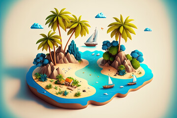 Obraz premium Concept of a tropical beach and summer vacation. holiday island with a sandy beach, palm trees, and a blue sea. Generative AI
