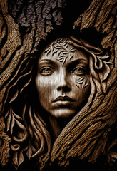 Fototapeta na wymiar Sculpted face of a mystical woman, ideal for representing ancient Roman or Celtic mythology. Capturing the magic of the forests and the eternity of the gods.