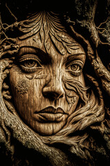 Fototapeta na wymiar Wooden sculpture of a mystical woman, evoking rich Roman or Celtic mythology. Powerful image of mystery and eternity, ideal for illustrating enchanted forests.