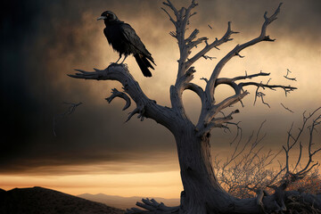 Crow perches on a barren tree. Generative AI