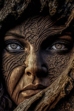 Face evoking the ancient mythology carved in a magical and millenary tree trunk. Empty of subtle emotions, this shot embodies the mysticism of the forests and the eternity of the gods.