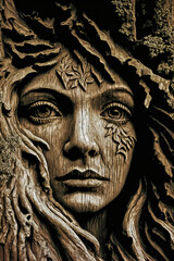 Fototapeta na wymiar A mystical woman carved in millennial wood, evoking ancient mythology. A magical trunk that symbolizes the mysticism of the forests and the eternity of the gods.