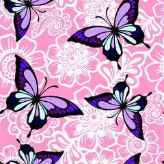 seamless pink and white floral graphic pattern with purple butterflies, texture, design