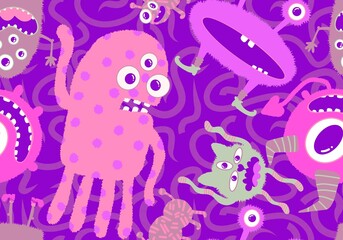 Cartoon doodle monsters seamless aliens and animals pattern for wrapping paper and fabrics and kids clothes