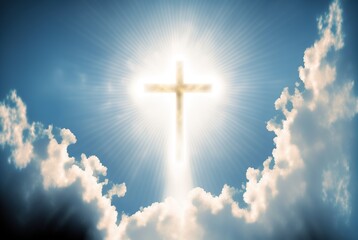 Shining cross in clouds on blue sky. Copy space. Ascension day concept. Christian Easter. Faith in Jesus Christ. Christianity. Church worship, salvation concept. Gate to heaven. Eternal life of soul