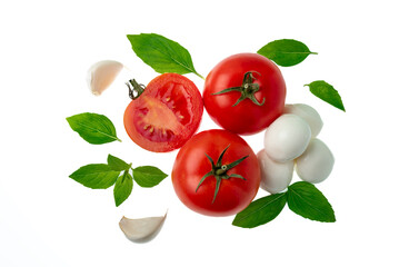 Italian caprese salad ingredients: tomato, mozzarella, basil, garlic, rosemary lie on a white background 