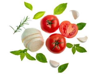 Italian caprese salad ingredients: tomato, mozzarella, basil, garlic, rosemary lie on a white background top view