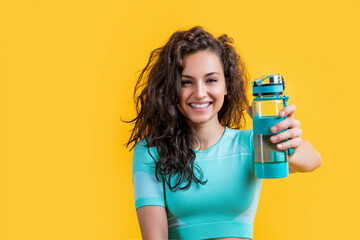 fitness woman with sport water bottle, copy space. fitness woman hold sport water bottle